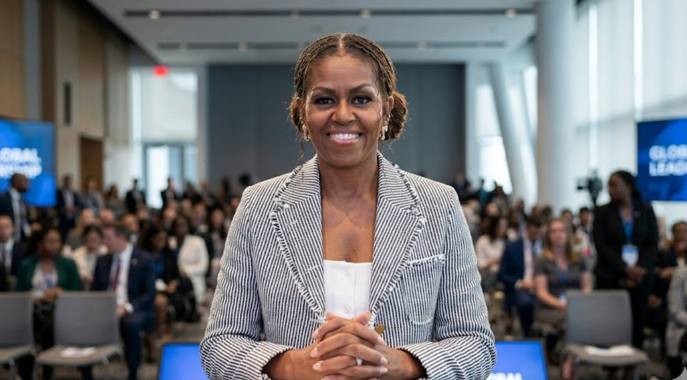 Michelle Obama Presidential Center Dedication Black White Striped Blazer Formal Power Look