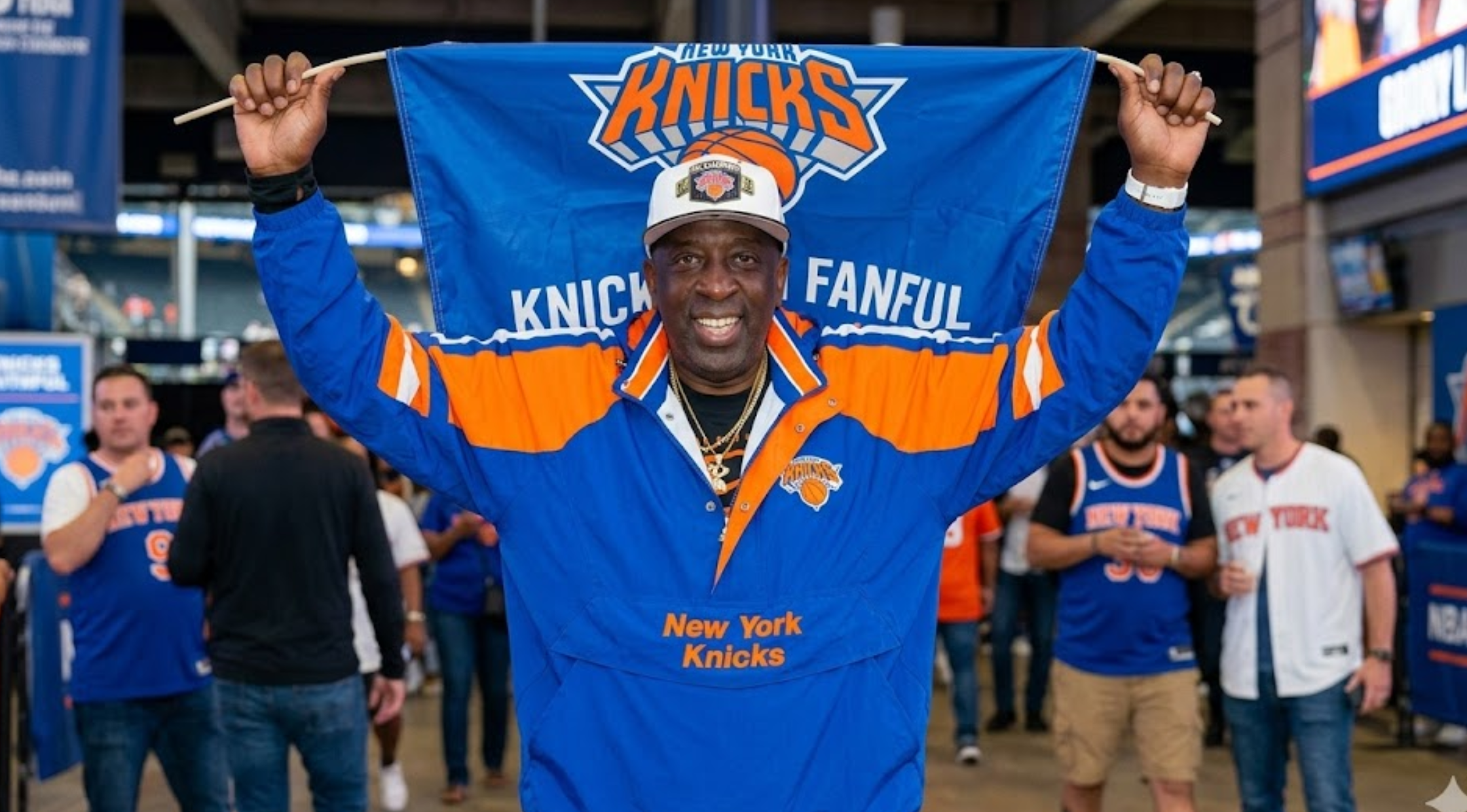 Karl Towns Sr. New York Knicks Blue and Orange Hooded Half-Zip Victory Jacket