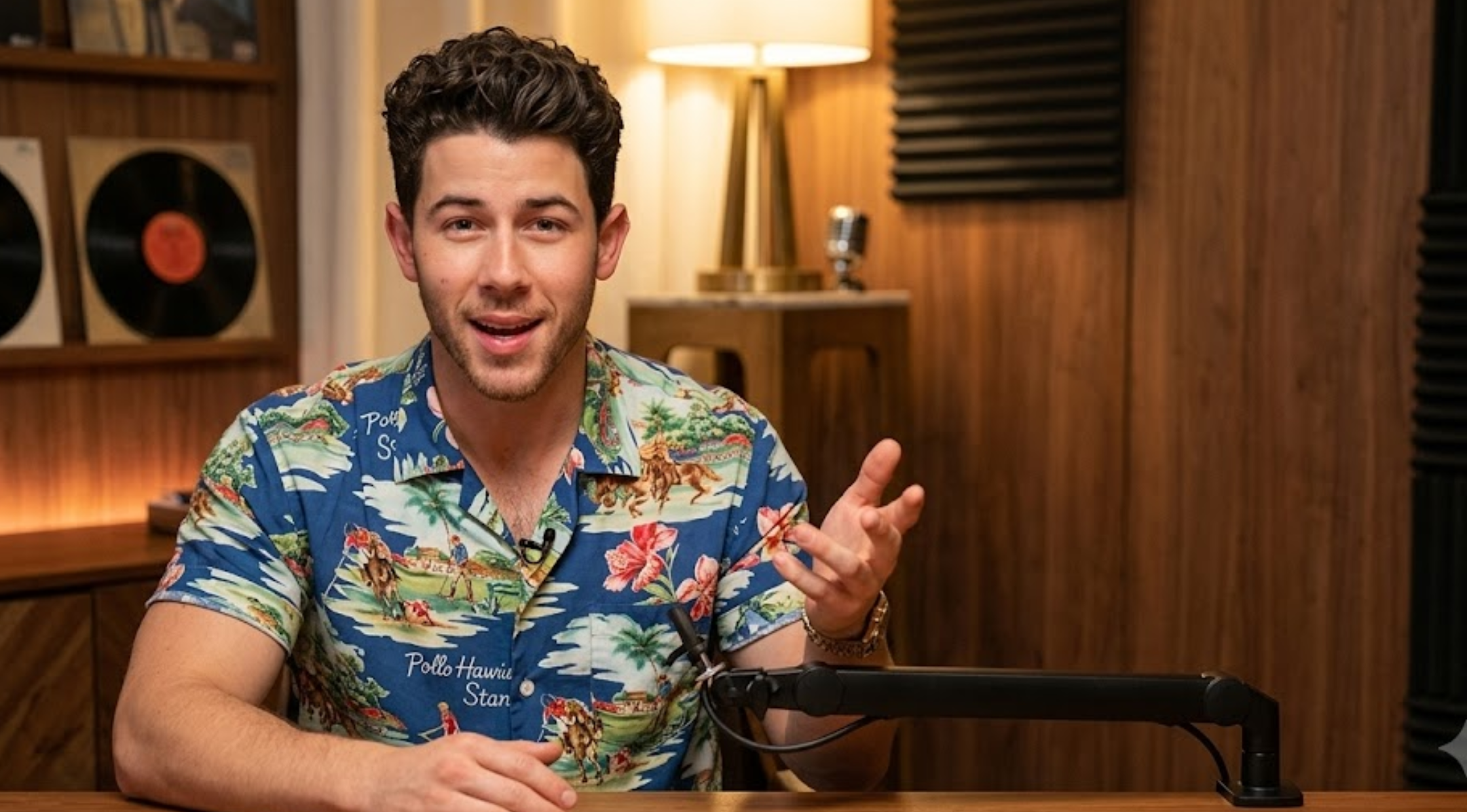 Hey Jonas Podcast 2026 Nick Jonas Blue Tropical Print Hawaiian Shirt with Palm Tree Design