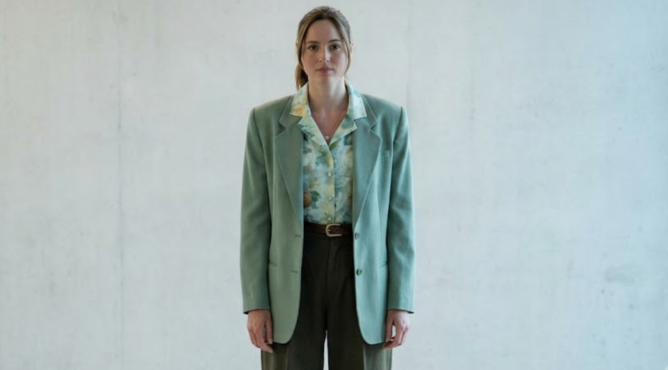 Backrooms 2026 Renate Reinsve Pale Sage Green Tailored Oversized Blazer with Retro Power Suit Design