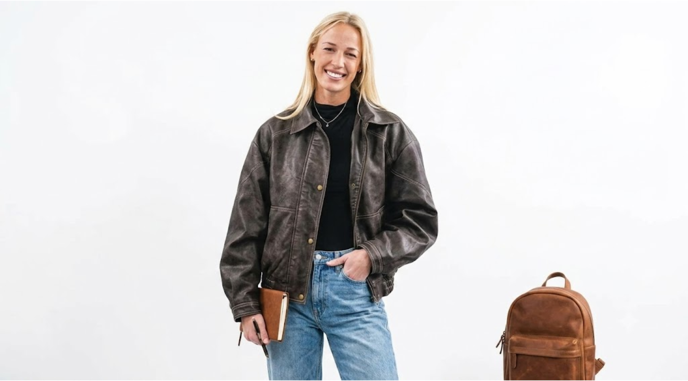 Sophie Cunningham 2026 Black Distressed Oversized Leather Bomber Jacket with Contrast Stitching