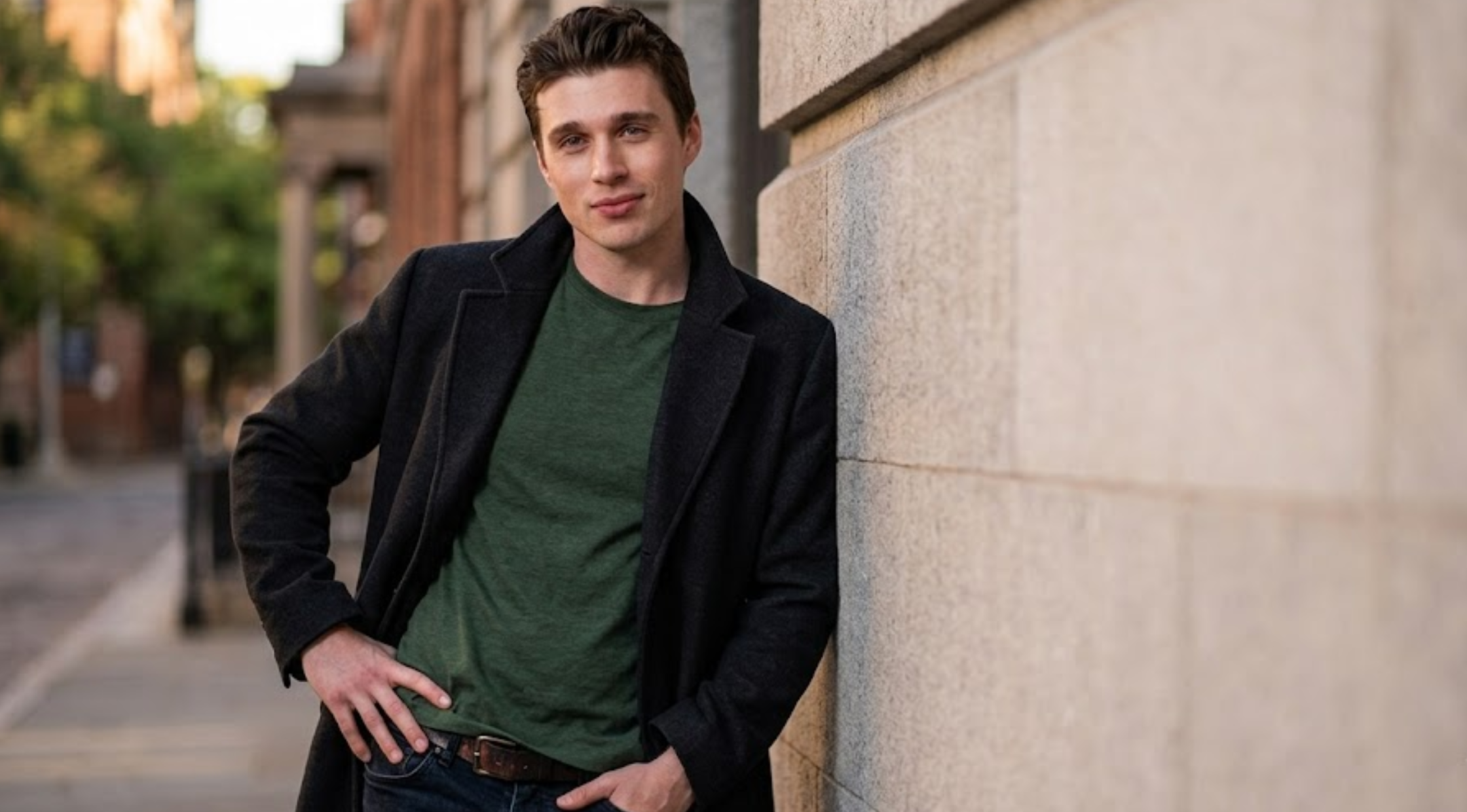 Nick Robinson Voicemails for Isabelle Black Wool Overcoat with Notch Lapels