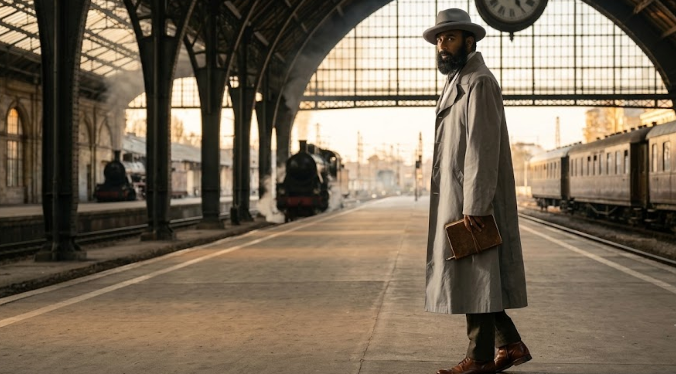 Enola Holmes 3 Himesh Patel Grey Wool Blend Full Length Coat with Structured Notched Lapels