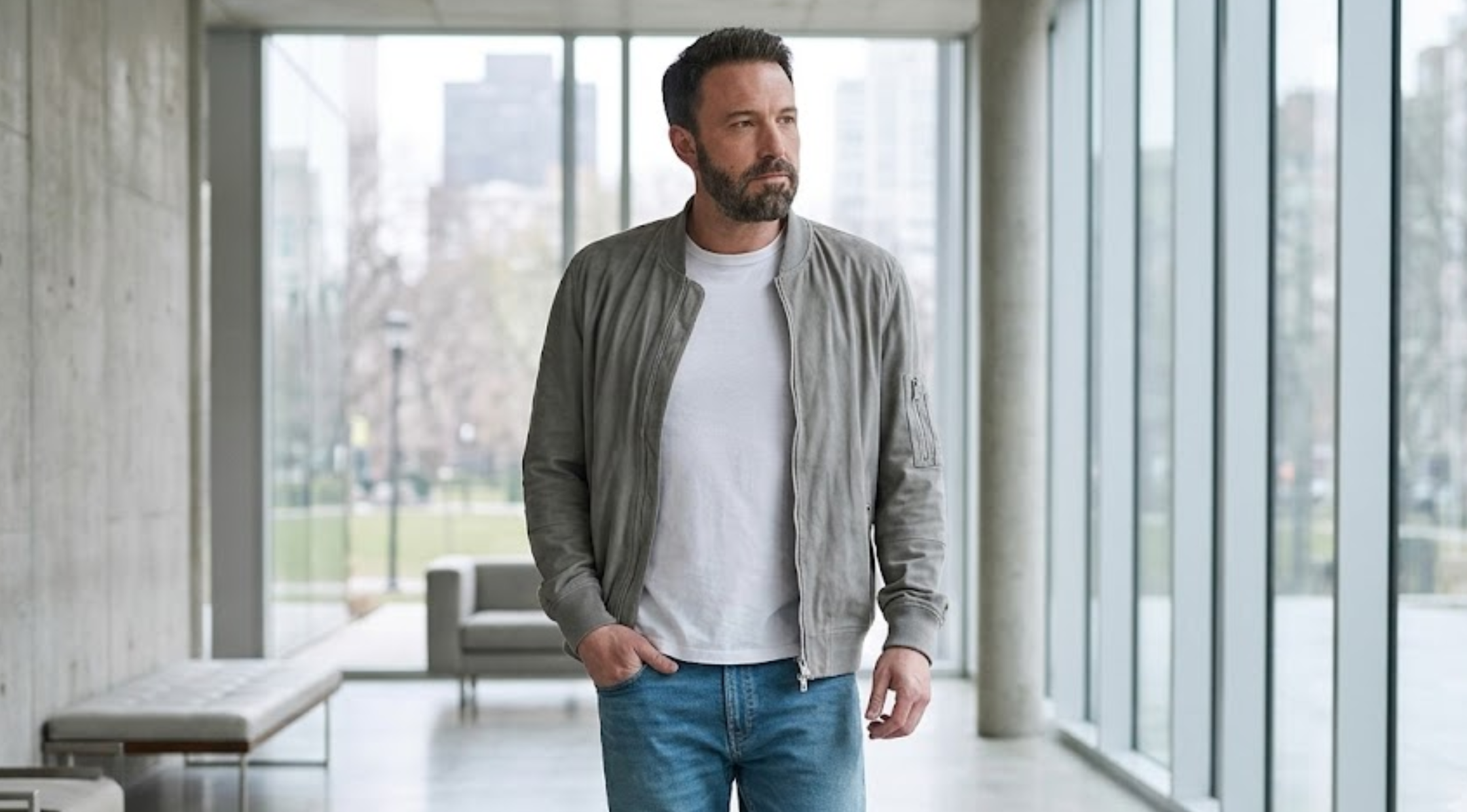 Ben Affleck Grey Suede Bomber Jacket with Rib Knit Collar and Utility Zip Sleeve Pocket