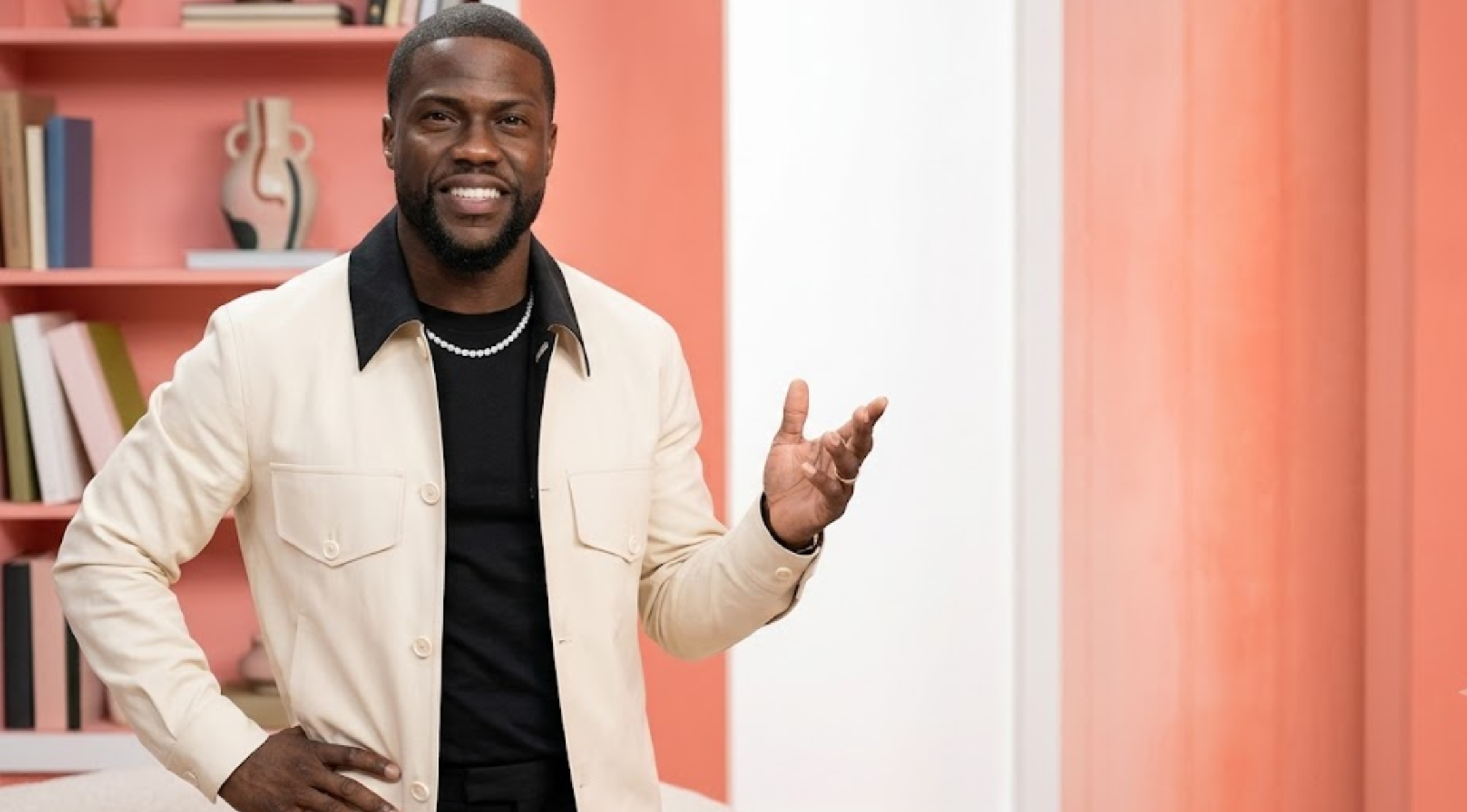 Kevin Hart ZIWE Interview 2025 Off-White Jacket with Black Contrast Collar
