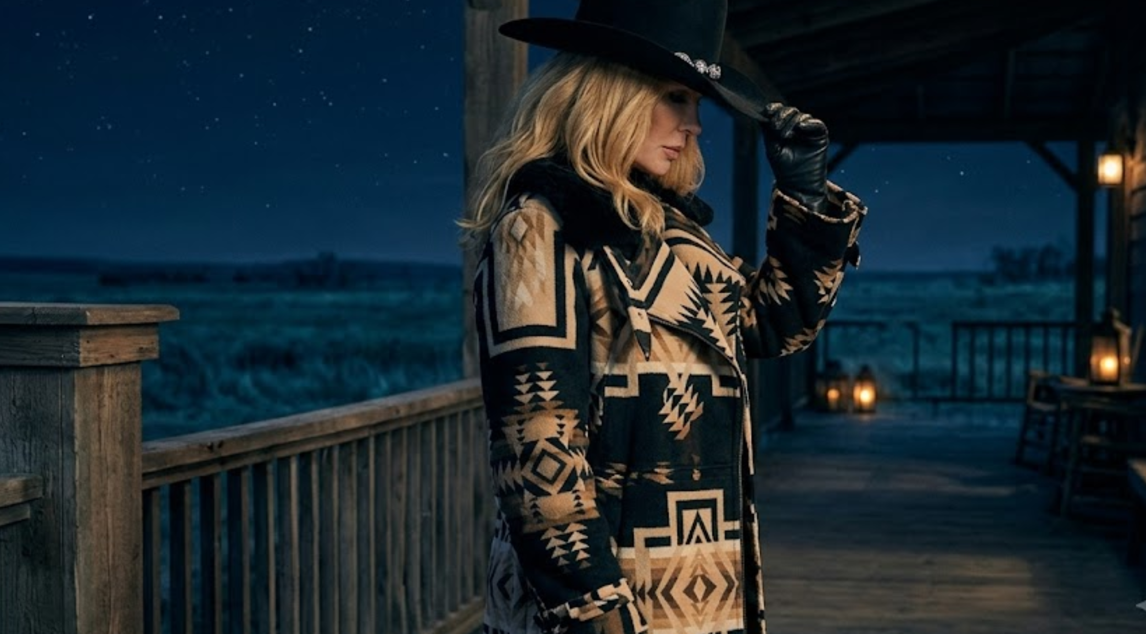 Dutton Ranch S01 Beth Dutton Southwestern Print Cropped Moto Jacket with Black Shearling Collar