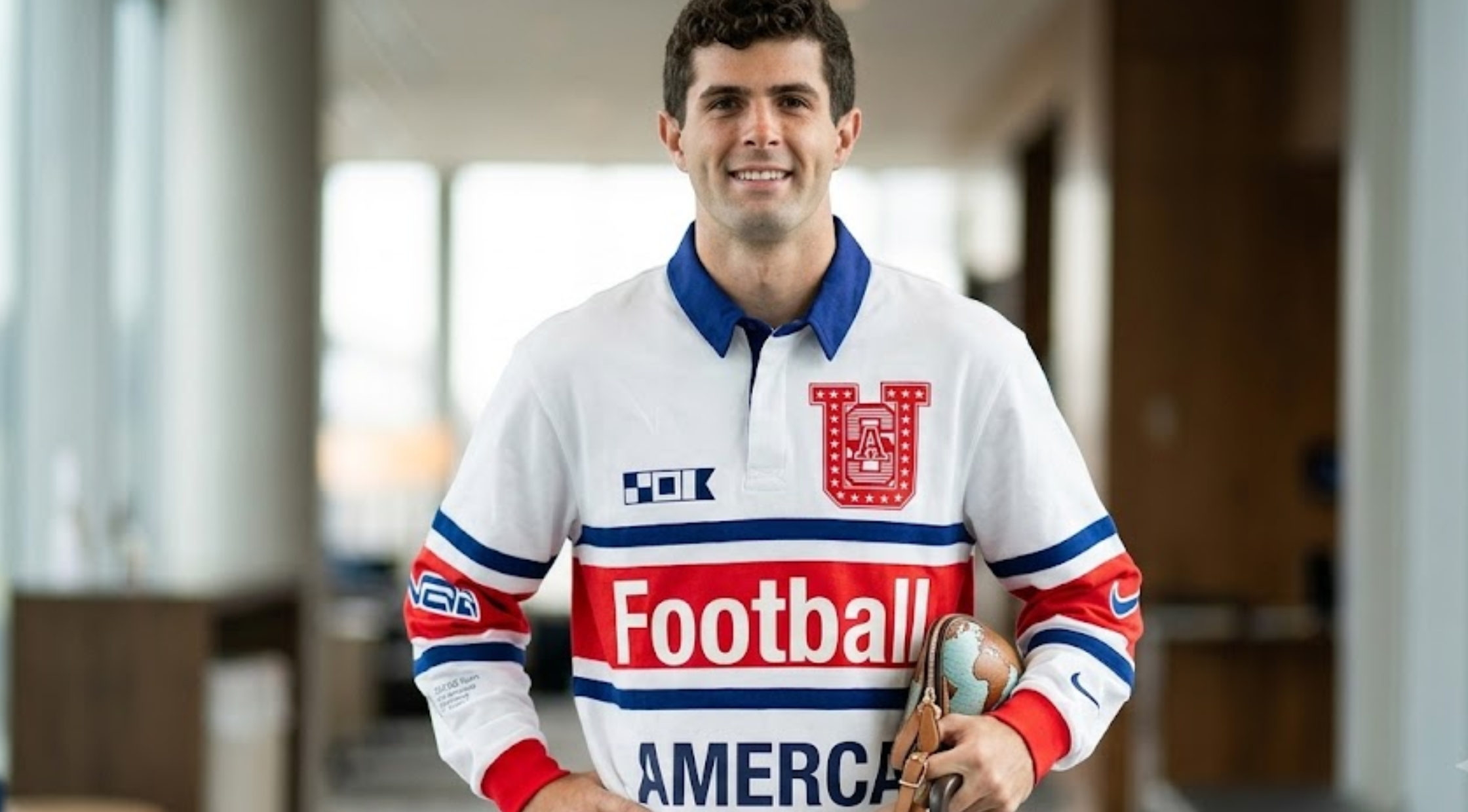 Virgil Abloh Archive Team USA White Long Sleeve Rugby Polo Shirt with America Football Graphic