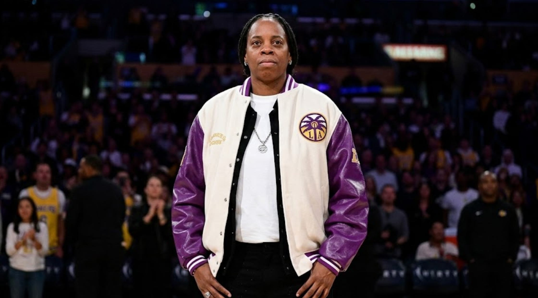 Nicky McCrimmon New York Liberty vs Los Angeles Sparks White and Purple Varsity Letterman Jacket