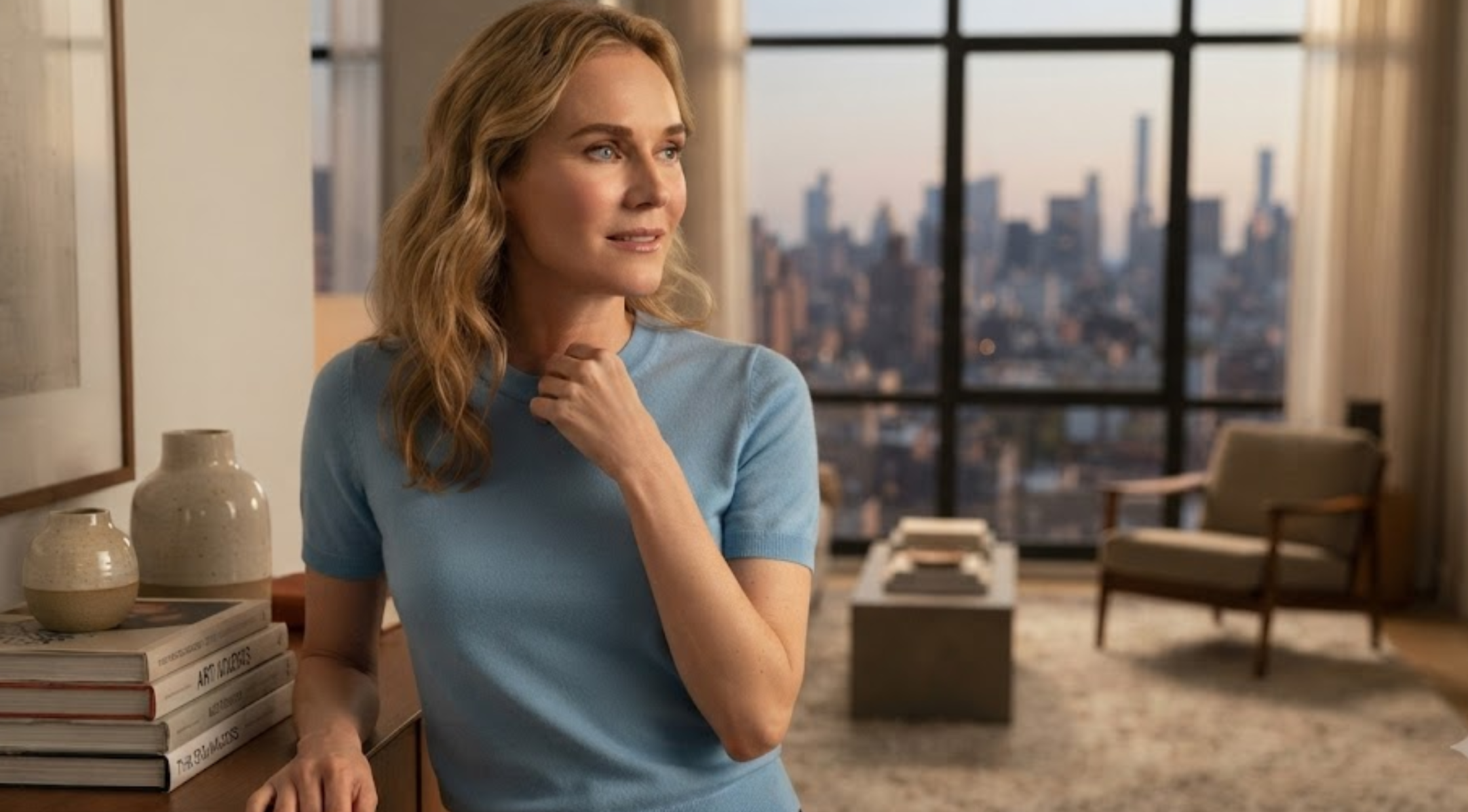 Little Disasters S01 Diane Kruger cornflower blue crewneck T-shirt with a minimalist design