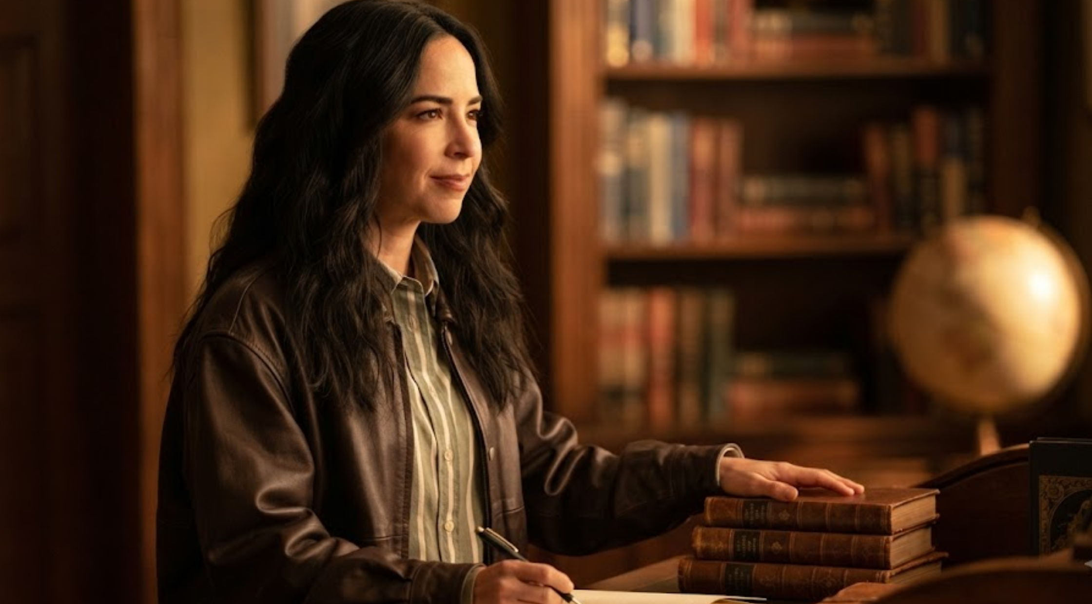 NCIS Origins S01 Cecilia Dominguez olive and white vertical striped button-up shirt with long sleeves