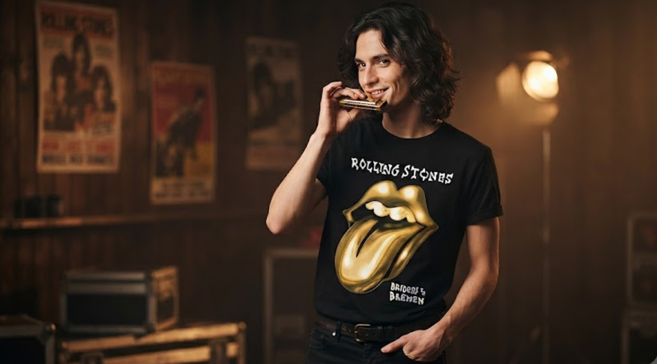 Rolling Stones Foreign Tongues black graphic T-shirt with metallic gold lips logo and distressed tour print