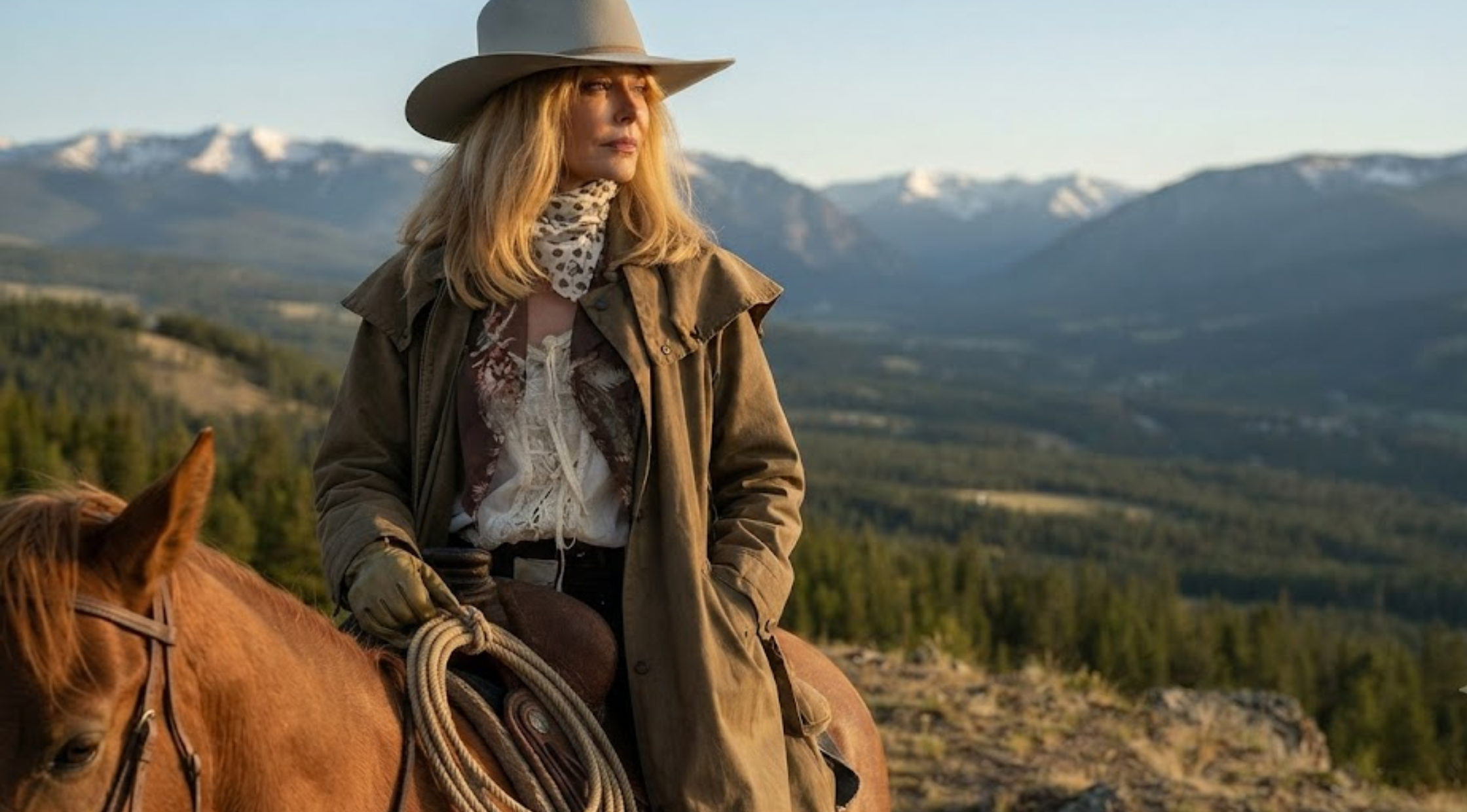 Dutton Ranch S01 Beth Dutton brown cotton duster coat with shoulder cape, utility pockets, and concealed front closure