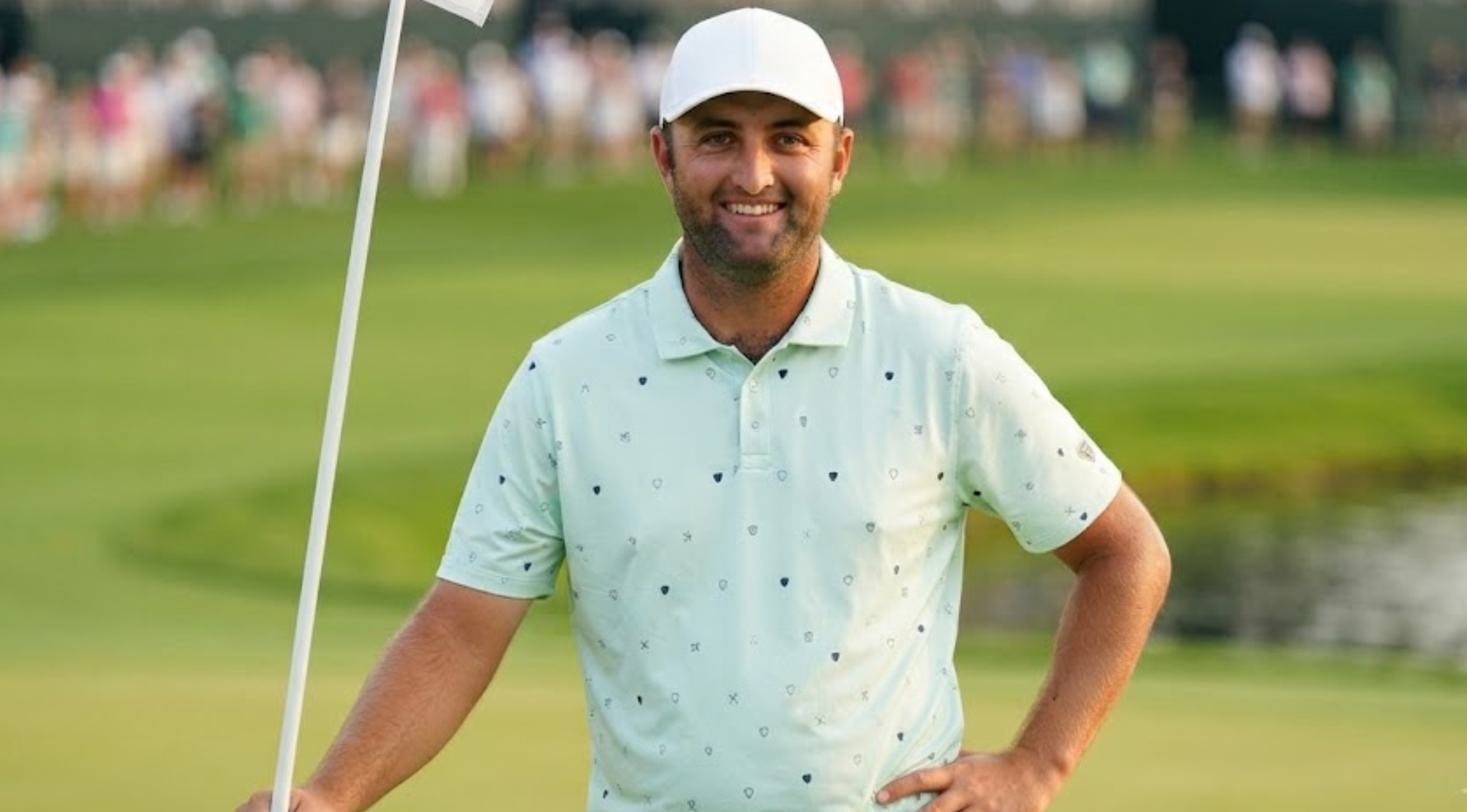 Scottie Scheffler Memorial Tournament Ice Mint Green Golf Polo Shirt with Navy Micro Geometric Shield Print