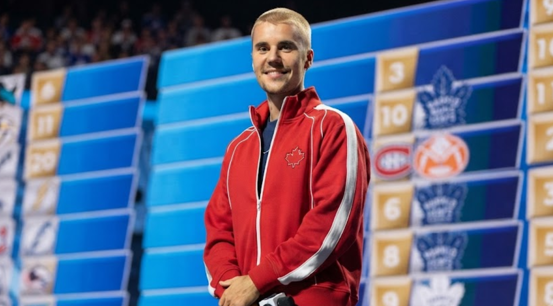 Justin Bieber 2026 NHL Draft Red Track Jacket with Canadian Maple Leaf Embroidery and Mock Collar