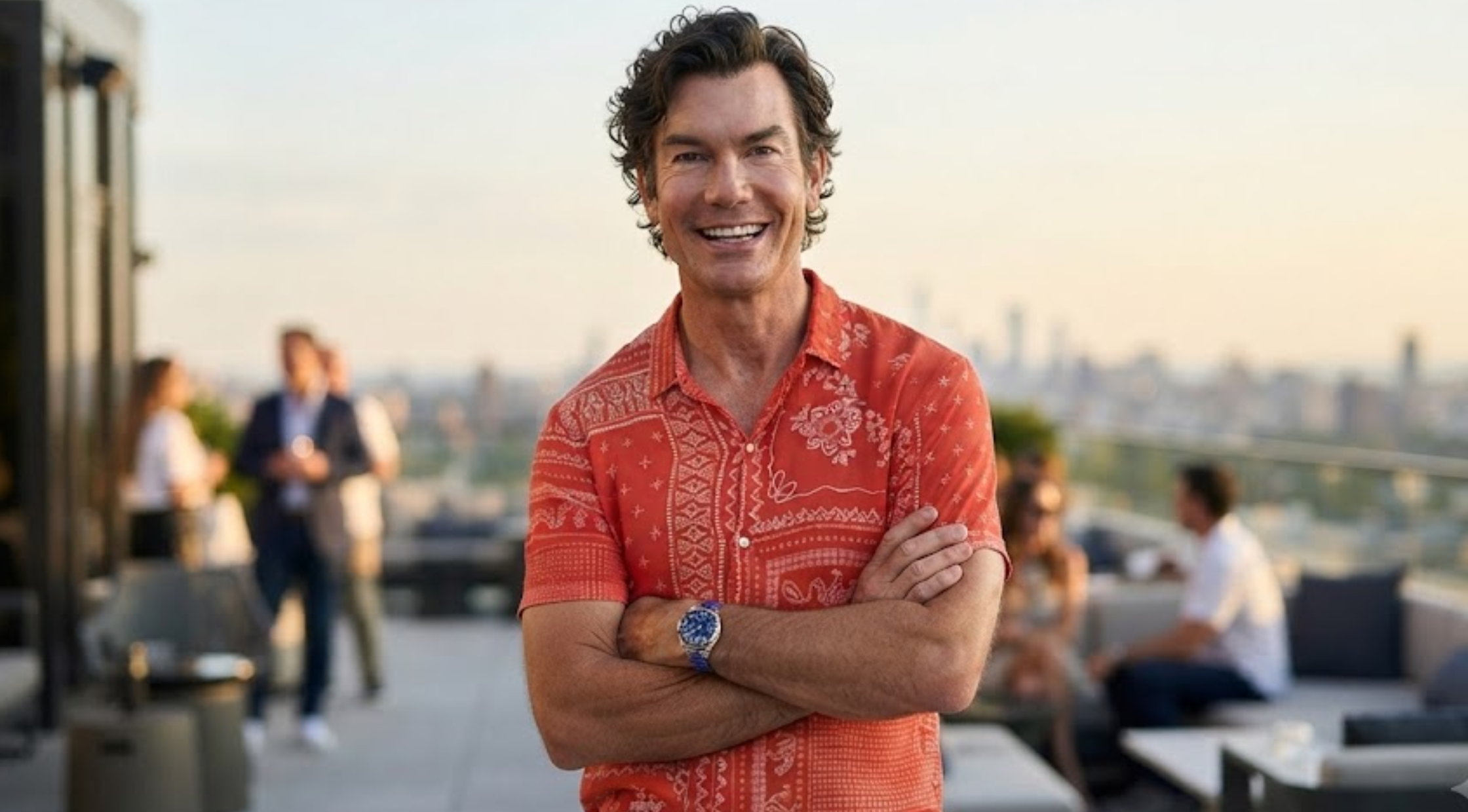 Jerry O’Connell New York City 2026 Orange Bandana Paisley Print Camp Collar Button-Up Shirt