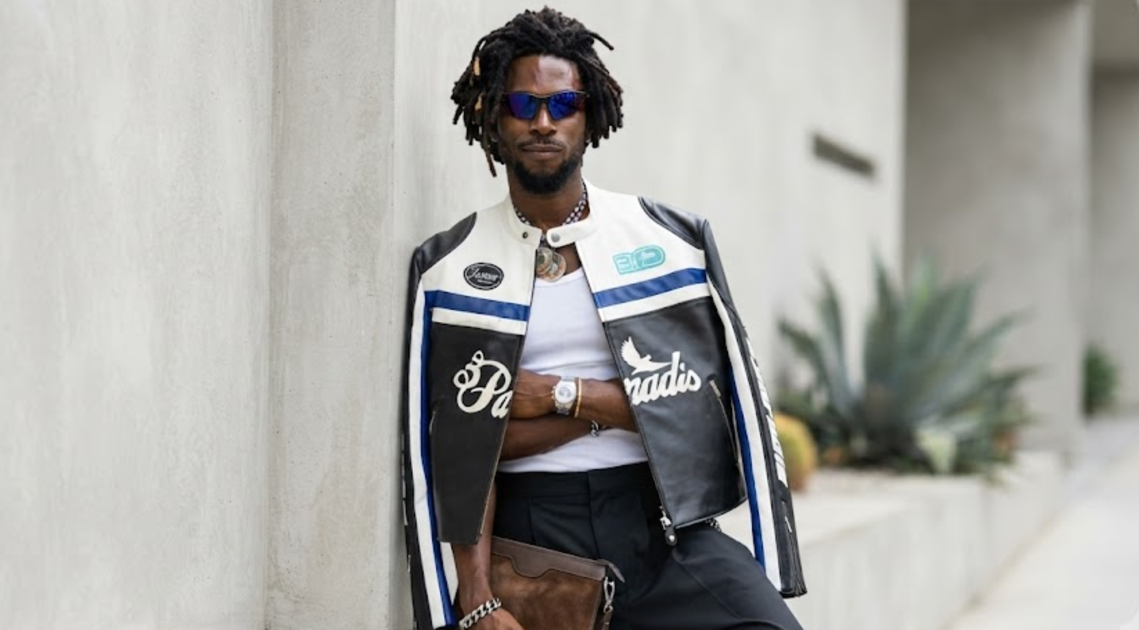 Saint Jhn Paris Fashion Week 2026 3.Paradis Racing Graphics Black Café Racer Leather Jacket